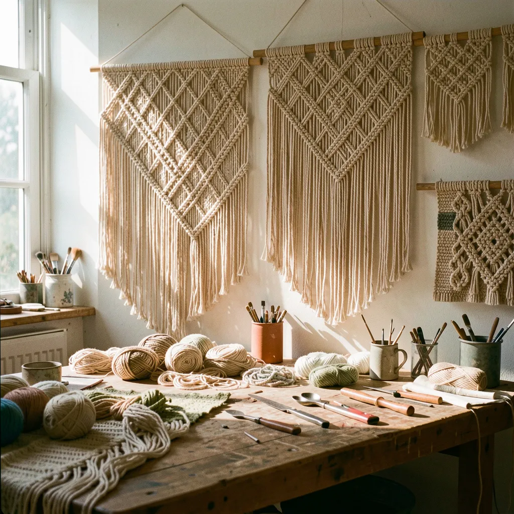 Macramé wall hanging with geometric pattern